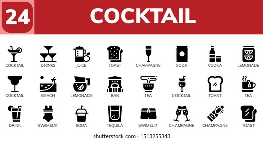 cocktail icon set. 24 filled cocktail icons.  Collection Of - Cocktail, Drinks, Juice, Toast, Champagne, Soda, Vodka, Lemonade, Beach, Bar, Tea, Drink, Swimsuit, Tequila icons
