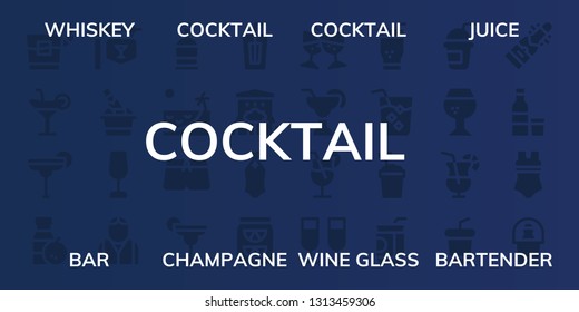 cocktail icon set. 32 filled cocktail icons. on blue background style Collection Of - Whiskey, Cocktail, Juice, Bar, Champagne, Wine glass, Bartender, Rum, Beach, Swimsuit, Drink