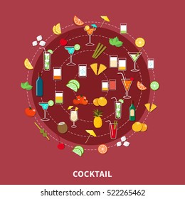 Cocktail icon set of alcoholic drinks and their ingredients in flat style vector illustration