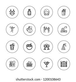 Cocktail icon set. collection of 16 outline cocktail icons with bar, beach, birthday party, bartender, beverage, birthday, coconut drink, celebration, drink, martini icons.