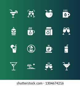 cocktail icon set. Collection of 16 filled cocktail icons included Cocktail, Cheers, Beach, Juice, Tea, No drink, Lemonade, Toast, Milkshake, Margarita