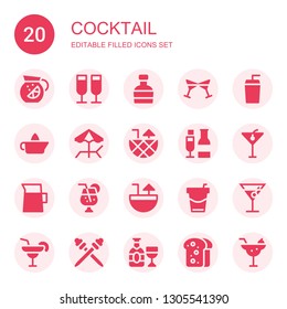 cocktail icon set. Collection of 20 filled cocktail icons included Lemonade, Toast, Whiskey, Cheers, Drink, Citrus juicer, Beach, Cocktail, Champagne, Juice, Beverage, Margarita