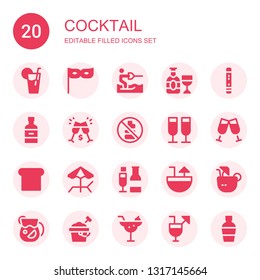 cocktail icon set. Collection of 20 filled cocktail icons included Lemonade, Party, Water ski, Champagne, Flute, Whiskey, Toast, No drink, Beach, Cocktail, Coconut drink, Juice