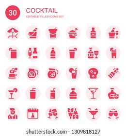 cocktail icon set. Collection of 30 filled cocktail icons included Beach, Ice bucket, Beverage, Sand bucket, Whiskey, Drink, Champagne, Tea, Sangria, Lemonade, Toast, Cocktail