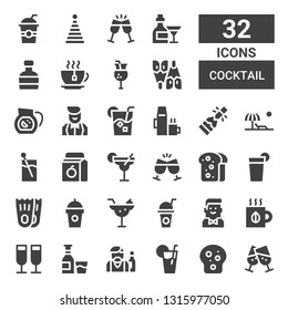 cocktail icon set. Collection of 32 filled cocktail icons included Cheers, Toast, Lemonade, Barman, Alcohol, Tea, Drink, Cocktail, Flippers, Beverage, Juice, Beach, Champagne