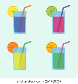 Cocktail icon set in flat design. Colorful glass collection with lemon and straw. Vector illustration.