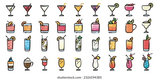 Cocktail Icon Set. Hand-drawn line, colored version.