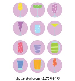 Cocktail icon set. Isolated icons of alcohol drink in flat design. Colorful cocktails icon. Drink alcohol glasses collection. Logo for website, bar, restaurant, menu. Vector illustration