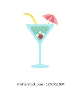 Cocktail icon or sign. Martini glass with cherry, cocktail umbrella and drinking straw. Isolated Flat Cartoon Illustration.  svg