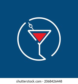 Cocktail icon with white lines on blue background. Concept of establishment with alcoholic drinks.
