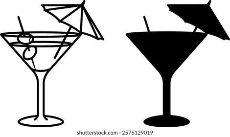 Cocktail Icons. Black and White Vector Icons. Cocktail Glass, Olives, and Umbrella. Festive Drink. Brazilian Carnival Concept