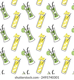 Cocktail icons colored sketch pattern background Vector illustration