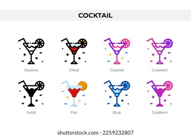 Cocktail icons in different style. Cocktail icons set. Holiday symbol. Different style icons set. Vector illustration
