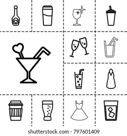 Cocktail Icons. Set Of 13 Editable Outline Cocktail Icons Such As Drink, Dress, Glasses Clink, Soda, Champagne Bottle With Heart, Cocktail