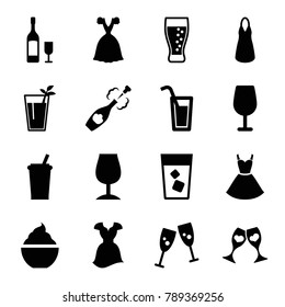 Cocktail icons. set of 16 editable filled cocktail icons such as dress, drink, glasses clink, milkshake, clink glasses, champagne, soda