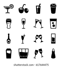 Cocktail icons set. set of 16 cocktail filled icons such as drink, clean wine glass, dress, champagne bottle with heart, clink glasses, wine glass, cocktail, drink coconut