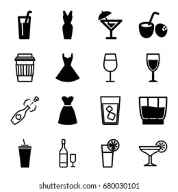 Cocktail icons set. set of 16 cocktail filled and outline icons such as dress, drink, wine glass, drink coconut, champagne