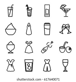 Cocktail icons set. set of 16 cocktail outline icons such as drink, dress, milkshake, clink glasses, champagne, wine glass, cocktail