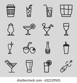Cocktail icons set. set of 16 cocktail outline icons such as clean wine glass, drink, milkshake, soda, champagne bottle with heart, champagne, wine glass