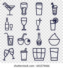 Cocktail icons set. set of 16 cocktail outline icons such as drink, clean wine glass, milkshake, champagne bottle with heart, wine glass, wine glass and bottle, drink coconut
