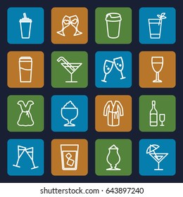 Cocktail icons set. set of 16 cocktail outline icons such as drink, dress, milkshake, clink glasses, wine glass, wine glass and bottle