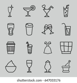 Cocktail icons set. set of 16 cocktail outline icons such as clean wine glass, dress, drink, milkshake, soda, clink glasses, cocktail, champagne