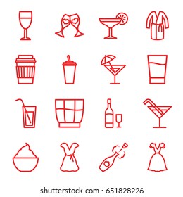 Cocktail icons set. set of 16 cocktail outline icons such as dress, drink, milkshake, clink glasses, champagne, wine glass