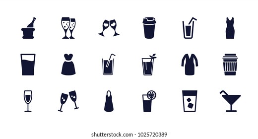 Cocktail icons. set of 18 editable filled cocktail icons: dress, glasses clink, drink, clink glasses, wine glass, champagne