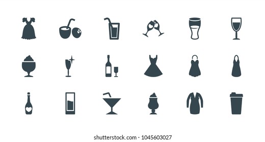 Cocktail icons. set of 18 editable filled cocktail icons: clean wine glass, dress, drink, milkshake, wine glass, wine glass and bottle, drink coconut