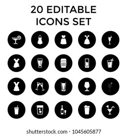 Cocktail icons. set of 20 editable filled cocktail icons such as clean wine glass, dress, drink, wine glass, soda. best quality cocktail elements in trendy style.