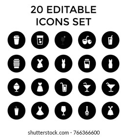Cocktail icons. set of 20 editable filled cocktail icons such as dress, drink, milkshake, champagne bottle with heart, drink coconut