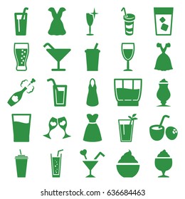 Cocktail icons set. set of 25 cocktail filled icons such as clean wine glass, dress, drink, milkshake, soda, clink glasses, champagne, wine glass