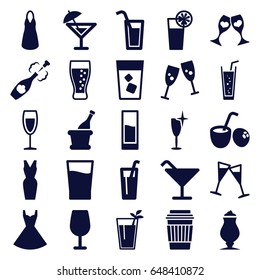 Cocktail icons set. set of 25 cocktail filled icons such as clean wine glass, dress, drink, milkshake, soda, clink glasses, wine glass, champagne, drink coconut