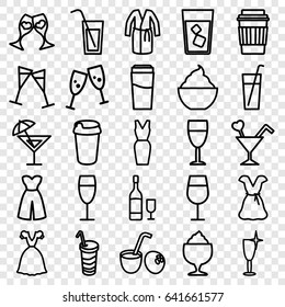 Cocktail icons set. set of 25 cocktail outline icons such as drink, clean wine glass, dress, milkshake, clink glasses, wine glass, wine glass and bottle, drink coconut