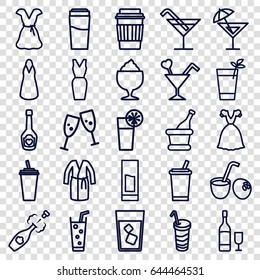 Cocktail icons set. set of 25 cocktail outline icons such as drink, dress, milkshake, soda, champagne bottle with heart, champagne, wine glass and bottle, drink coconut