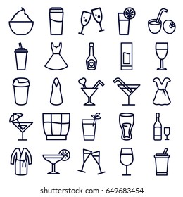 Cocktail icons set. set of 25 cocktail outline icons such as drink, dress, milkshake, champagne bottle with heart, wine glass, wine glass and bottle, drink coconut