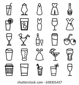 Cocktail icons set. set of 25 cocktail outline icons such as drink, dress, milkshake, champagne bottle with heart, wine glass, soda, wine glass and bottle