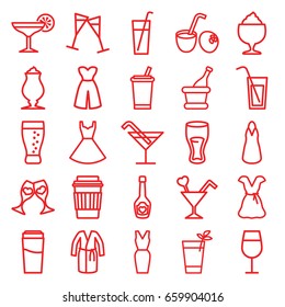 Cocktail icons set. set of 25 cocktail outline icons such as drink, dress, milkshake, champagne bottle with heart, clink glasses, wine glass, champagne, soda
