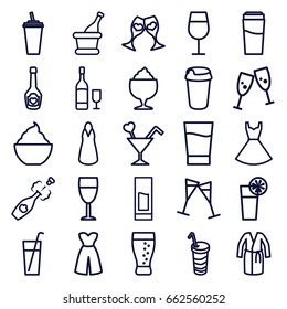 Cocktail icons set. set of 25 cocktail outline icons such as drink, dress, milkshake, champagne bottle with heart, clink glasses, wine glass, champagne, soda