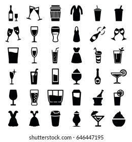 Cocktail icons set. set of 36 cocktail filled icons such as drink, clean wine glass, dress, milkshake, soda, champagne bottle with heart, clink glasses, wine glass, champagne