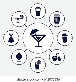 Cocktail icons set. set of 9 cocktail filled icons such as drink, dress, milkshake, cocktail