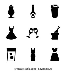 Cocktail icons set. set of 9 cocktail filled icons such as dress, drink, milkshake, champagne bottle with heart, clink glasses