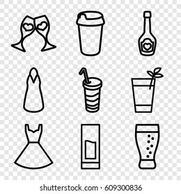 Cocktail icons set. set of 9 cocktail outline icons such as dress, drink, champagne bottle with heart, clink glasses, soda