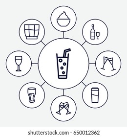 Cocktail icons set. set of 9 cocktail outline icons such as drink, milkshake, soda, clink glasses, wine glass