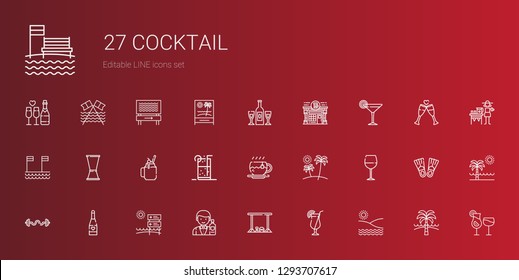 cocktail icons set. Collection of cocktail with beach, bar, barman, champagne, bars, wine glass, tea, soft drink, smoothie, jigger, pub. Editable and scalable cocktail icons.