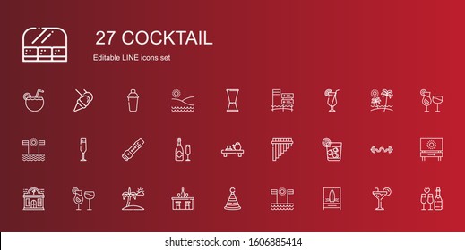cocktail icons set. Collection of cocktail with beach, party hat, bar, cocktails, night club, vodka, flute, tea, champagne, champagne glass. Editable and scalable cocktail icons.
