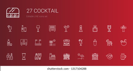 cocktail icons set. Collection of cocktail with night club, beach, pub, flippers, jigger, champagne, shaker, bar, vodka, whiskey, milkshake. Editable and scalable cocktail icons.