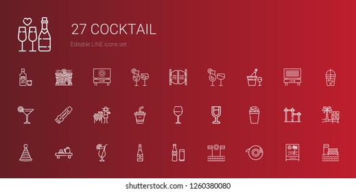 cocktail icons set. Collection of cocktail with scotch, beach, beverage, champagne, tea, party hat, milkshake, wine glass, drink, lemonade. Editable and scalable cocktail icons.