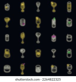 Iconos de cóctel. Conjunto isométrico de iconos vectoriales de cóctel color de neón en negro