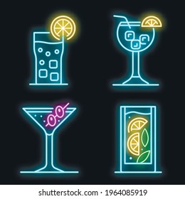 Cocktail icons set. Outline set of cocktail vector icons neon color on black